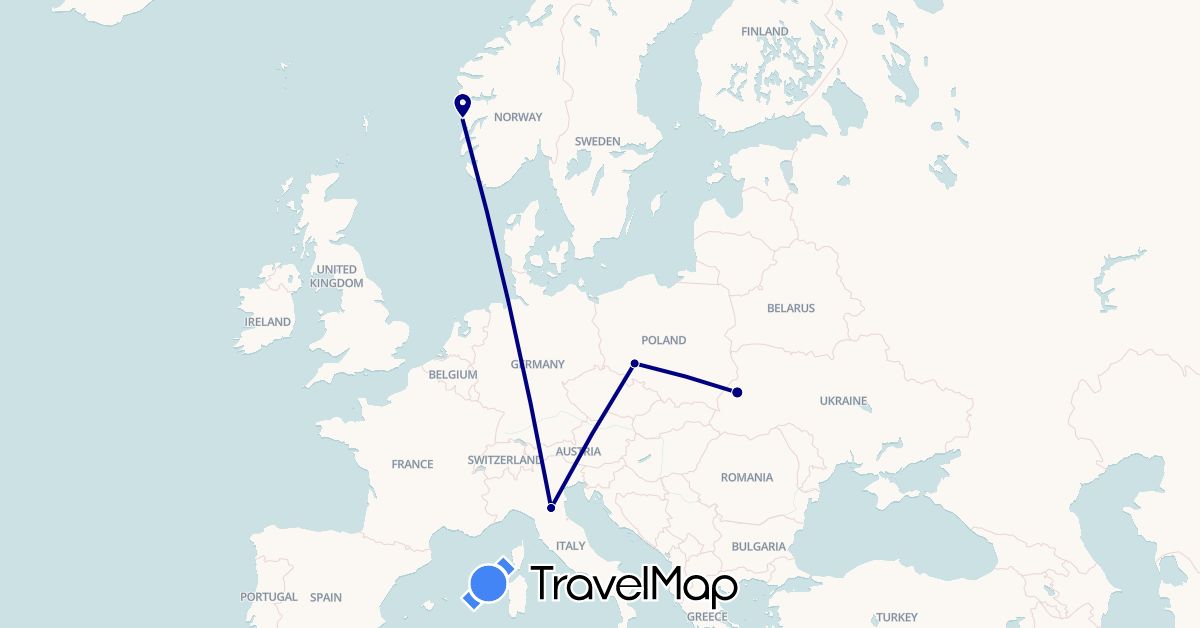 TravelMap itinerary: driving in Italy, Norway, Poland, Ukraine (Europe)